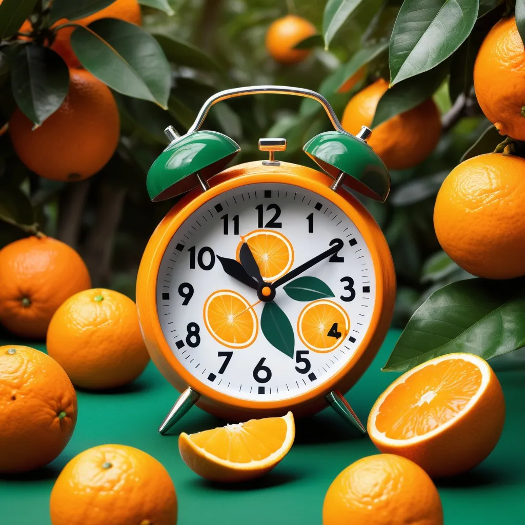 Prompt: Create a social media post design for an orange with an alarm clock hand and a background of orange trees and green shapes behind it. It is in the garden and attracts attention. It targets merchants and importers. The pictures, trees, and orange should be very attractive and attract everyone’s attention.