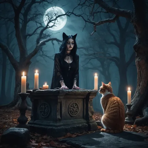 Prompt: Cat and witch near altar