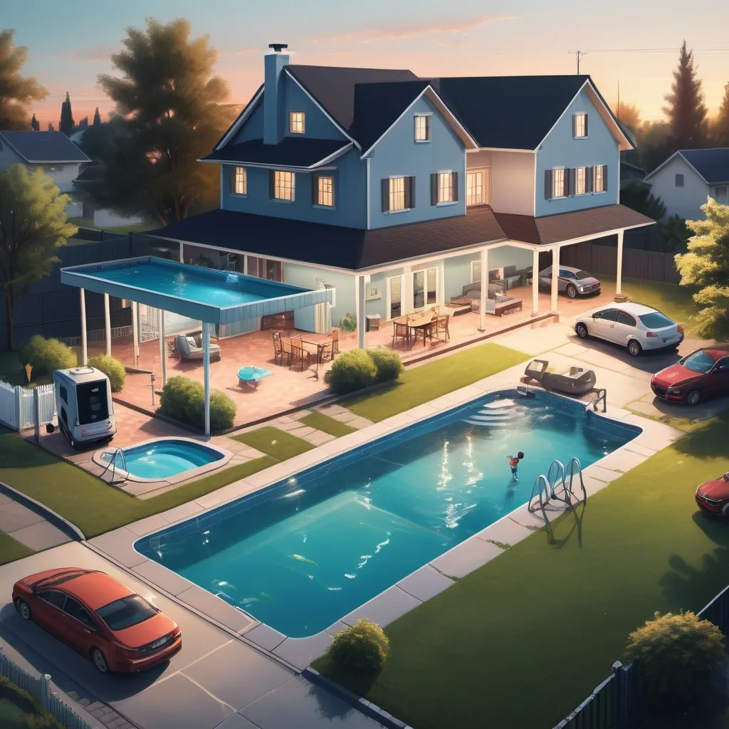 Prompt: A realistic picture, evening time, a house with a pool in the yard, there is a fence with a gate, there are children playing in the yard, next to the house there is one car parked in the parking lot next to the house, large security cameras are installed on the house, two cameras are pointed at the pool, two cameras are pointed at the garden, One camera is aimed at the gate of the exit
In the background a person holding a phone and looking at the phone screen, the phone screen shows an image of all the cameras