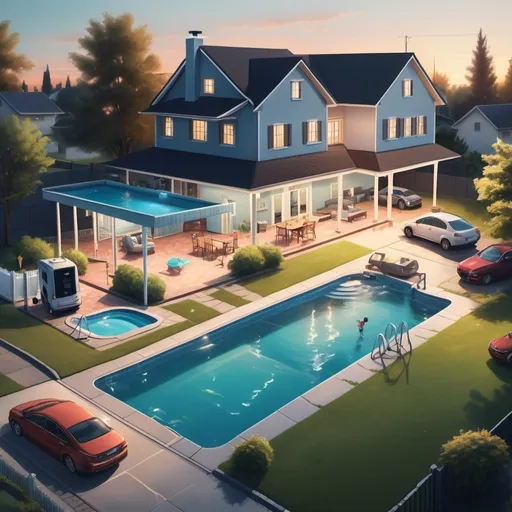 Prompt: A realistic picture, evening time, a house with a pool in the yard, there is a fence with a gate, there are children playing in the yard, next to the house there is one car parked in the parking lot next to the house, large security cameras are installed on the house, two cameras are pointed at the pool, two cameras are pointed at the garden, One camera is aimed at the gate of the exit
In the background a person holding a phone and looking at the phone screen, the phone screen shows an image of all the cameras