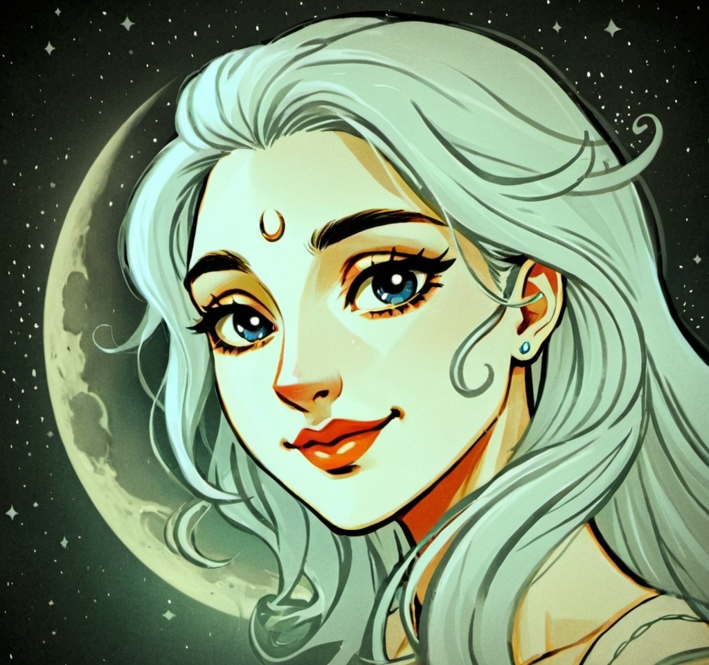 Prompt: moon as a comic character up in the sky with beautiful lady face and one side hair tendril. No  need to show hair outseide the moon circle. Face to be insoide the mmon

