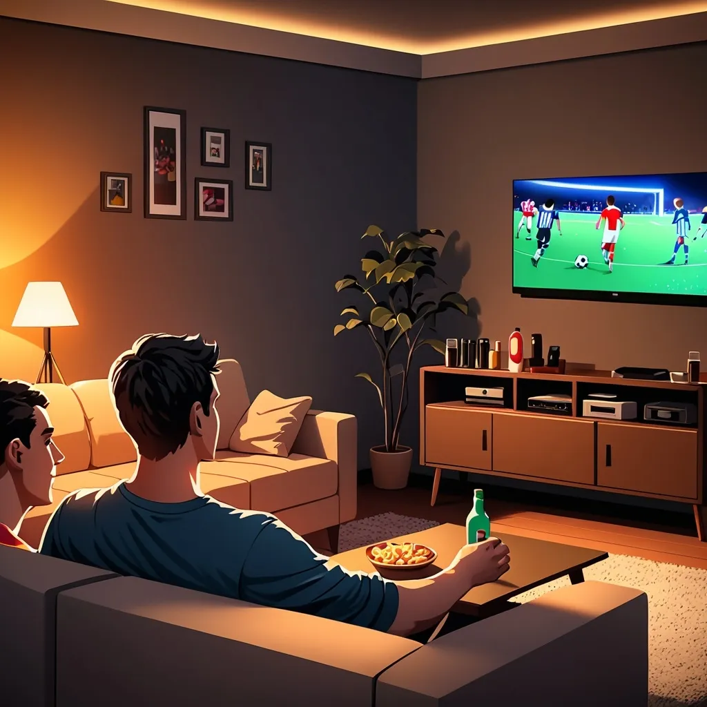 Prompt: "Two young men watching football game"
"Back view of men watching TV"
"Young men sitting on sofa"
"Living room with TV"
"Football game on screen"
"Digital illustration"
"4K resolution"
"Casual home setting"
"Evening or night scene"