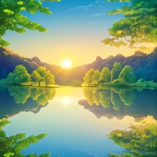 Prompt: a mirror looking lake that is reflecting the shade of deers and the sun shrines heavenly emphasizing the magnificient of the godly lake

