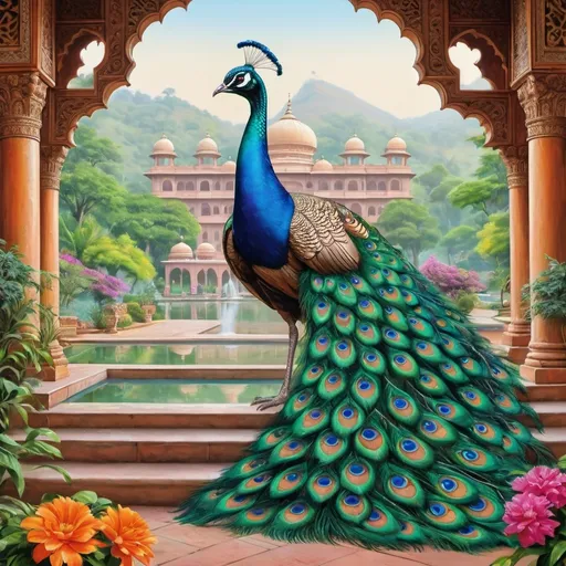 Prompt: Peacocks in mogul architecture green painting in landscape mode for printing at 9 feet x 5 feet