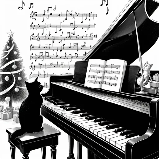 Prompt: cat and piano and music and christmas, book cover, black and white, illustration, drawing