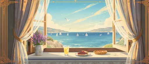 Prompt: There is illustration in art deco style. There is an open window with view to mideterrenian see with boats and seagulls. Light sea breeze touches transparent curtains. There are lavender in a pot on window sill and glass of lemonade and pice of blackberries pie. The atmosphere is very summery and relaxing. And everything in art deco period style and nostalgic. The image ratio is 4:1 ( width is 4 and high is 1).