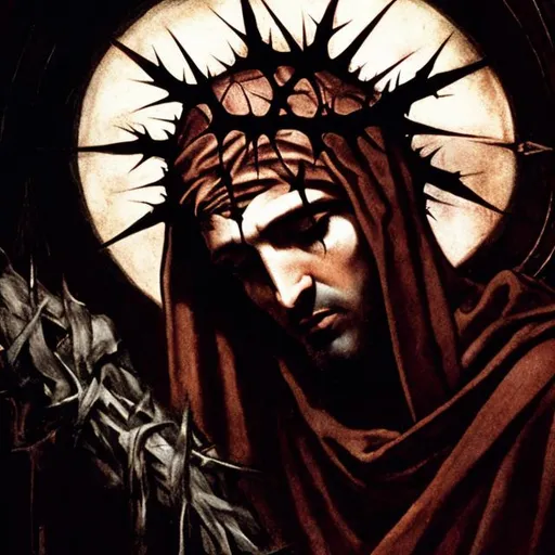 Prompt: crown of thorns, weeping, dark catholic