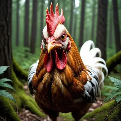 Prompt: an evil chicken deep in the forest with a vicious look