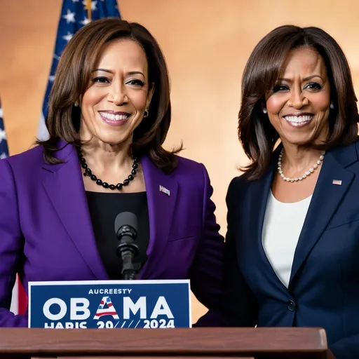 Prompt: (portrait of Kamala Harris), (Michelle Obama standing beside her), sign reading "(accurately spelled text 'Harris Obama 2024')" in background, warm and inviting color tones, powerful and hopeful mood, high detail facial features, professional outfits, capturing an inspiring atmosphere, 4K resolution, vibrant backdrop showcasing supporters.