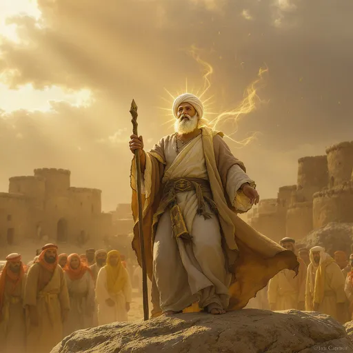 Prompt: A wise Arab prophet with a glowing, radiant (noor-filled) face, medium age (not old, not young), white turban and light brown robe, standing on a rock in an ancient Arabian village, preaching with a wooden staff in hand. Around him, Arab men and women in traditional robes reject his message, some laughing, some turning away. Golden sunlight filters through clouds, clay houses in background. Realistic 3D, cinematic lighting, warm dusty atmosphere.