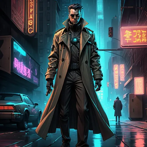 Prompt: Detailed anime cyberpunk illustration of a man in a retro-futuristic Chicago, dark and moody lighting, futuristic neon signs, intricate steampunk-inspired gadgets, high-quality, HD, ultra-detailed, cyberpunk, retro-futurism, dark background, intense gaze, steamy atmosphere
Windy City Chicago.  Floor length trench coat.  Dimension Shifting 
camouflage.  The Untouchables.  Marshal's.  Five pointed star.  Plasma fire pistols.  Hover technology
