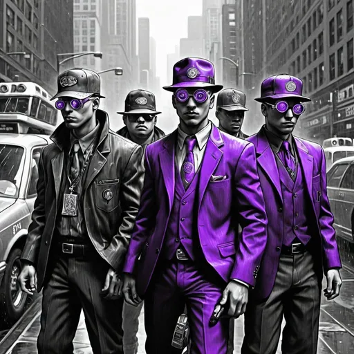Prompt: Chicago 2137.  Cyber punk gangsters.  The Purple Gang from Detroit.  Rob the Chicago Transit authority.  Chicago of the future citizens wear contact lens.  That run software in eye.  Hover technologies.  Wind and rain.