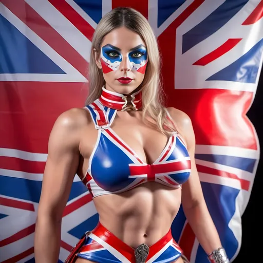 Prompt: Ayrin Bolyen.  Beefeater Gin's Mistress of Pleasure and Pain.  Union Jack British Flag colors.  Red.  White.  Blue.  PVC Latex. Double bladed battle axe.  Mexican wrestling fight promoter and manager for Big Ben and Tower of London.