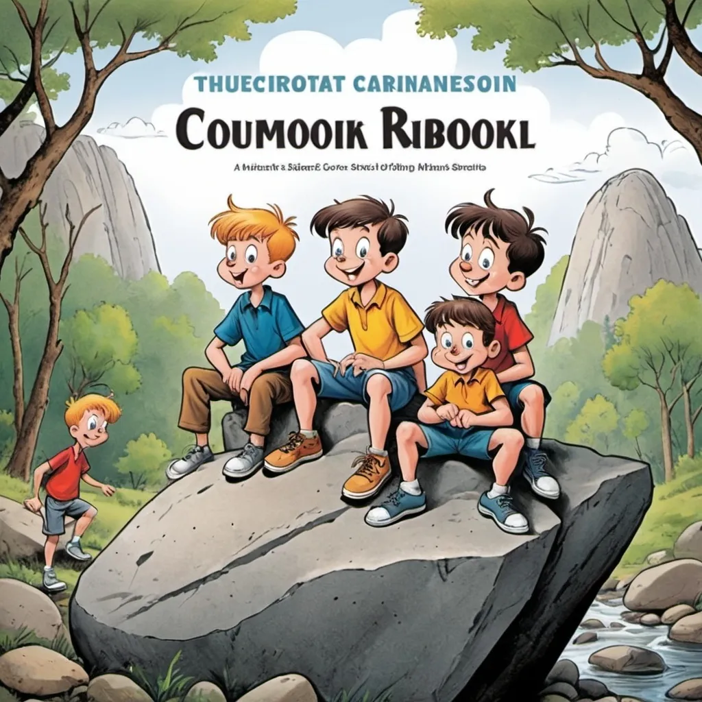 Prompt: Cartoonist cover page of storybook with four cartoon boys stting on a big rock