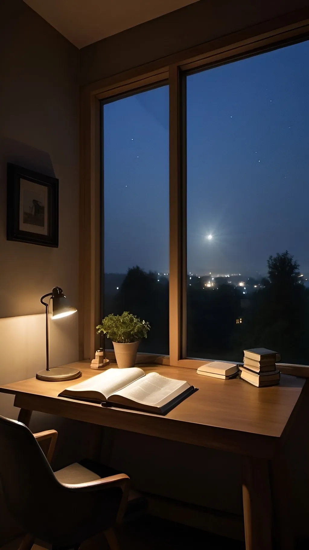 Prompt: at night ,a house morden has window big has a desk, view window big, in desk has bible book, subtle luminosity, glazed surfaces, meticulous design