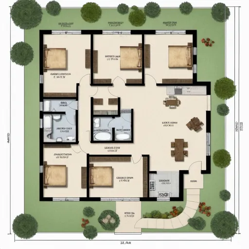 Prompt: create a 2d architectural drawing for a land having 1,361.25 square feet. it should have four rooms 4 bathroom 1 kitchen 2 dining hall 
