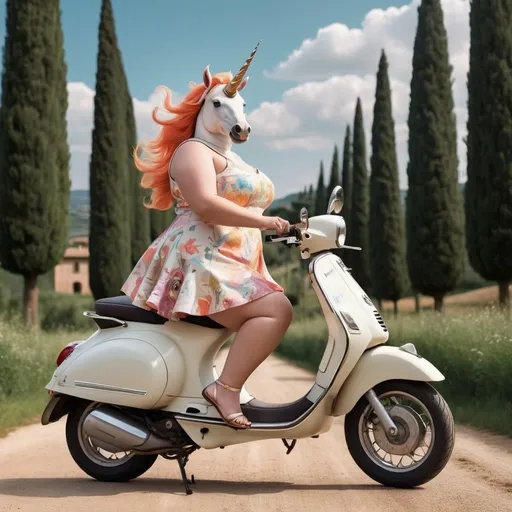 Prompt: A captivating illustration of a plus-size Anthropomorphic Unicorn from the 2024s fashion on a Vespa, exuding confidence and joy as she rides a uniquely-shaped, dirt bike. Her dress matches helmet perfectly.  The backdrop seamlessly blends modern Tuscany lands near Siena with lush nature, featuring trees and an ethereal sky. The light is cinematic, orange palette