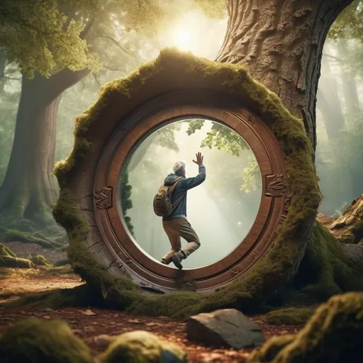Prompt: Middle-aged parkour expert discovering a portal mirror like trunk of a big oak tree in the woods, cinematic 3D rendering, detailed forest setting, mysterious portal, high quality, realistic, sci-fi, action-adventure, earthy tones, dramatic lighting, intense gaze, detailed foliage, immersive atmosphere