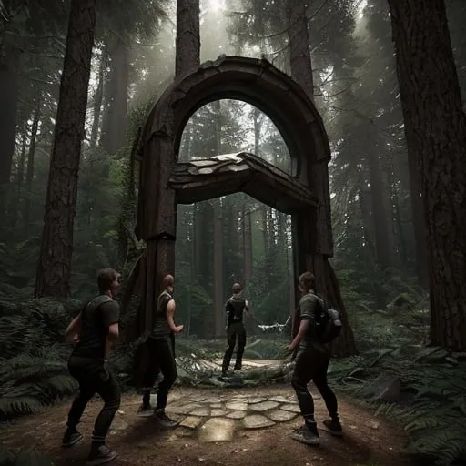 Prompt: A group of parkour expert stumble upon a portal mirror like, in the woods, cinematic 3D rendering, detailed forest setting, mysterious portal, high quality, realistic, sci-fi, action-adventure, earthy tones, dramatic lighting, intense gaze, detailed foliage, immersive atmosphere