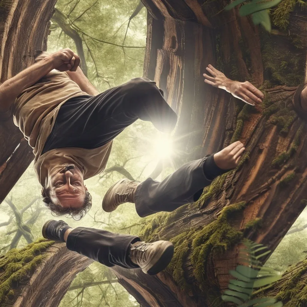 Prompt: Middle-aged man parkour champion falling into a portal mirror like trunk of a big oak tree in the woods while practising his stunt cinematic 3D rendering, detailed forest setting, mysterious portal, high quality, realistic, sci-fi, action-adventure, earthy tones, dramatic lighting, intense gaze, detailed foliage, immersive atmosphere