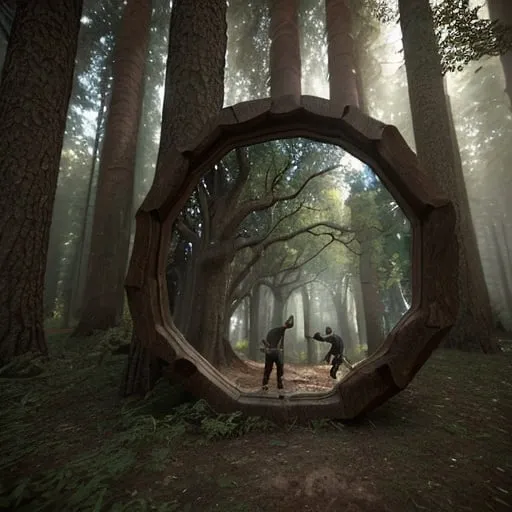 Prompt: Middle-aged parkour expert discovering a portal mirror like trunk of a big oak tree in the woods, cinematic 3D rendering, detailed forest setting, mysterious portal, high quality, realistic, sci-fi, action-adventure, earthy tones, dramatic lighting, intense gaze, detailed foliage, immersive atmosphere