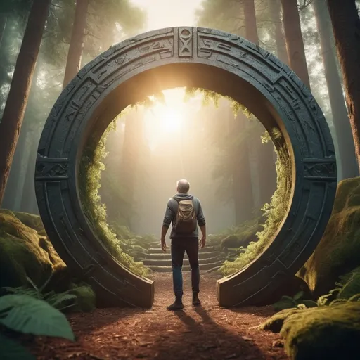 Prompt: Middle-aged parkour expert discovering a stargate in the woods, cinematic 3D rendering, detailed forest setting, mysterious portal, high quality, realistic, sci-fi, action-adventure, earthy tones, dramatic lighting, intense gaze, detailed foliage, immersive atmosphere