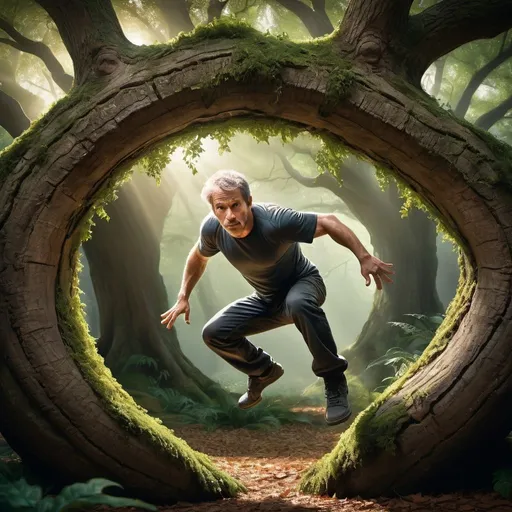 Prompt: Middle-aged parkour expert exploring enchanted forest, stumbling into a portal within a massive oak tree trunk, highres, ultra-detailed, fantasy, action-adventure, magical, detailed facial features, dynamic pose, lush greenery, mysterious portal, otherworldly gateway, intense lighting, fantasy art, parkour action, dimensional gateway, immersive forest setting, dramatic lighting