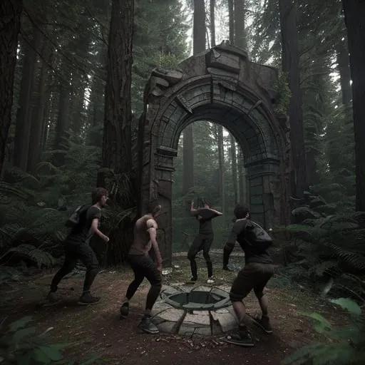 Prompt: A group of parkour expert stumble upon a portal mirror like, in the woods, cinematic 3D rendering, detailed forest setting, mysterious portal, high quality, realistic, sci-fi, action-adventure, earthy tones, dramatic lighting, intense gaze, detailed foliage, immersive atmosphere
