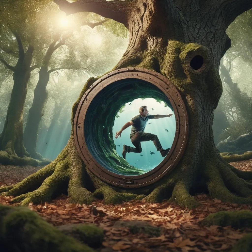 Prompt: Middle-aged parkour expert discovering a portal in the trunk of a oak tree in the woods,  sudden tranported to other dimension of different animals species underwater cinematic 3D rendering, detailed forest setting, mysterious portal, high quality, realistic, sci-fi, action-adventure, earthy tones, dramatic lighting, intense gaze, detailed foliage, immersive atmosphere