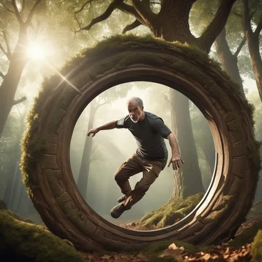 Prompt: Middle-aged man parkour champion falling into a portal mirror like trunk of a big oak tree in the woods while practising his stunt cinematic 3D rendering, detailed forest setting, mysterious portal, high quality, realistic, sci-fi, action-adventure, earthy tones, dramatic lighting, intense gaze, detailed foliage, immersive atmosphere