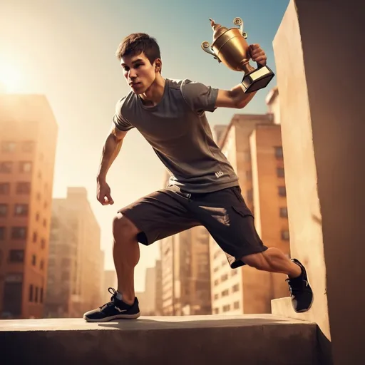 Prompt: Young parkour champion holding trophy, digital painting, urban setting, dynamic pose, realistic style, warm tones, sunlight casting dynamic shadows, high quality, detailed, parkour, athletic, triumphant, urban, dynamic lighting, realistic, warm tones, trophy, athletic physique