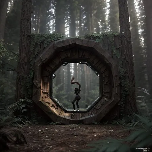 Prompt: A group of parkour expert stumble upon a portal mirror like, in the woods, cinematic 3D rendering, detailed forest setting, mysterious portal, high quality, realistic, sci-fi, action-adventure, earthy tones, dramatic lighting, intense gaze, detailed foliage, immersive atmosphere