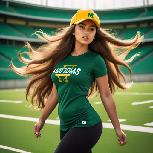 Prompt: A visually captivating image of a young, athletic girl with an hourglass, curvy body structure, wearing a cap and T-shirt with the 'Matildas' brand logo in green and gold. She is shown on a football field in motion, actively engaging in a sporty pose. Her long, flowing hair adds to her confident and stylish appearance. The background features a vibrant football field under a clear blue sky with modern urban architecture visible in the distance, blending both sporty and urban elements. Her confident pose, with one hand on her hip, and a playful smile reflect a youthful, energetic, and inspirational atmosphere, capturing the dynamic and athletic spirit of both football and community.