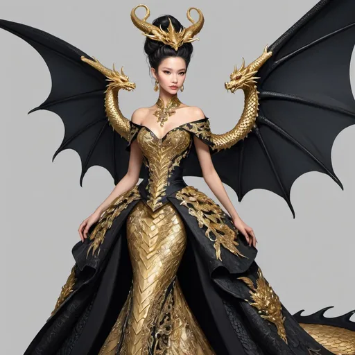 Prompt: Design a regal black dragon adorned in intricate golden jewelry and accessories, creating a stunning gold ballgown from its scales. The dragon should exude elegance and power, with its wings spread wide as if showcasing the gown it's crafting. Consider incorporating elaborate patterns and textures in both the dragon's scales and the gown, while maintaining a cohesive and majestic aesthetic