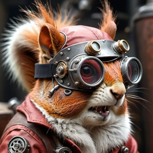 Prompt: Highly detailed digital art of a half-red, half-grey furred squirrel, wearing welding goggles, steampunk style, intense and focused gaze, realistic fur texture, intricate mechanical gadgets, industrial setting, skilled craftsmanship, professional character design, dynamic lighting, ultra-detailed, steampunk, mechanical details, red and grey fur, focused gaze, welding goggles, industrial, professional, dynamic lighting