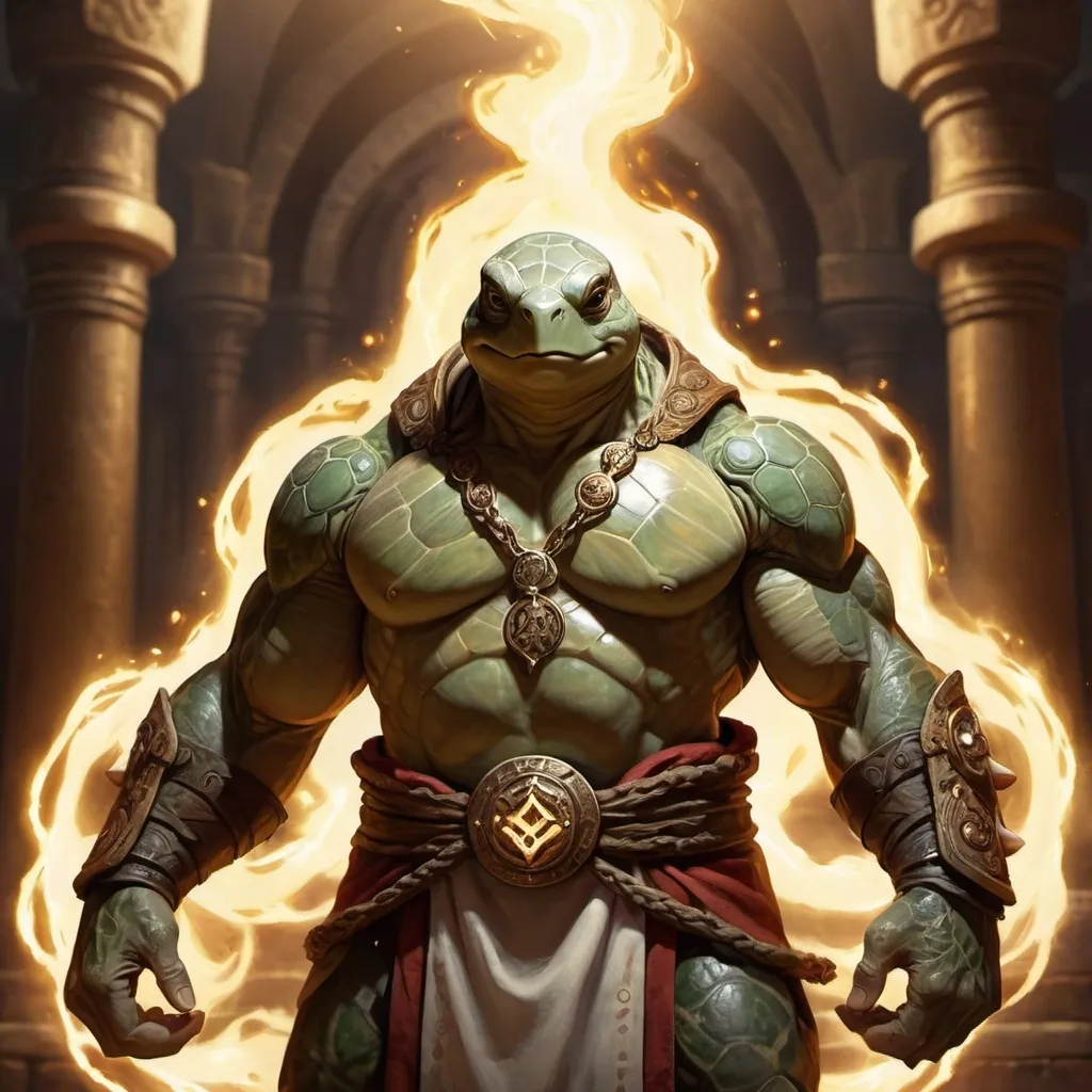 Prompt: (Muscular human-tortle dnd cleric), mystical ambiance, (enchanting atmosphere), half-brunet cleric robes, celestial symbol in hand, surrounded by earie yelow lights, engulfed whole in sacred flames, ethereal light illuminating the scene, detailed menacing facial expression conveying strength, ancient temple background, intricate decor, aggressive and warm color tones, high detail, ultra-detailed, Spotlight Lightning 