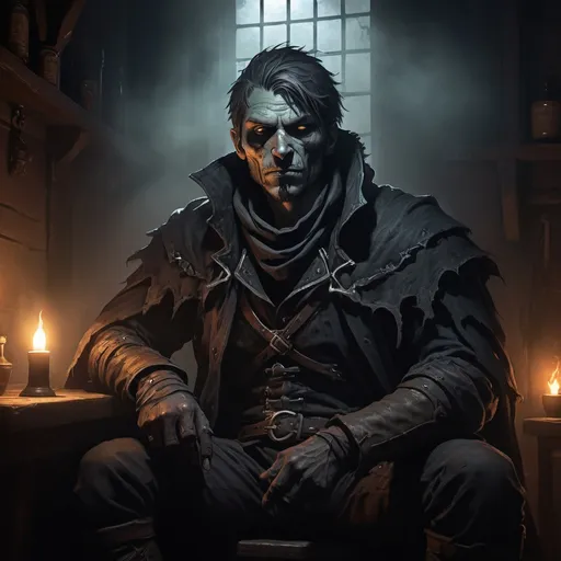 Prompt: edge lord, undead hunter, human male, engulfed in shadowy mist, sitting ominously in the corner of a bustling tavern, dramatic spotlight lighting