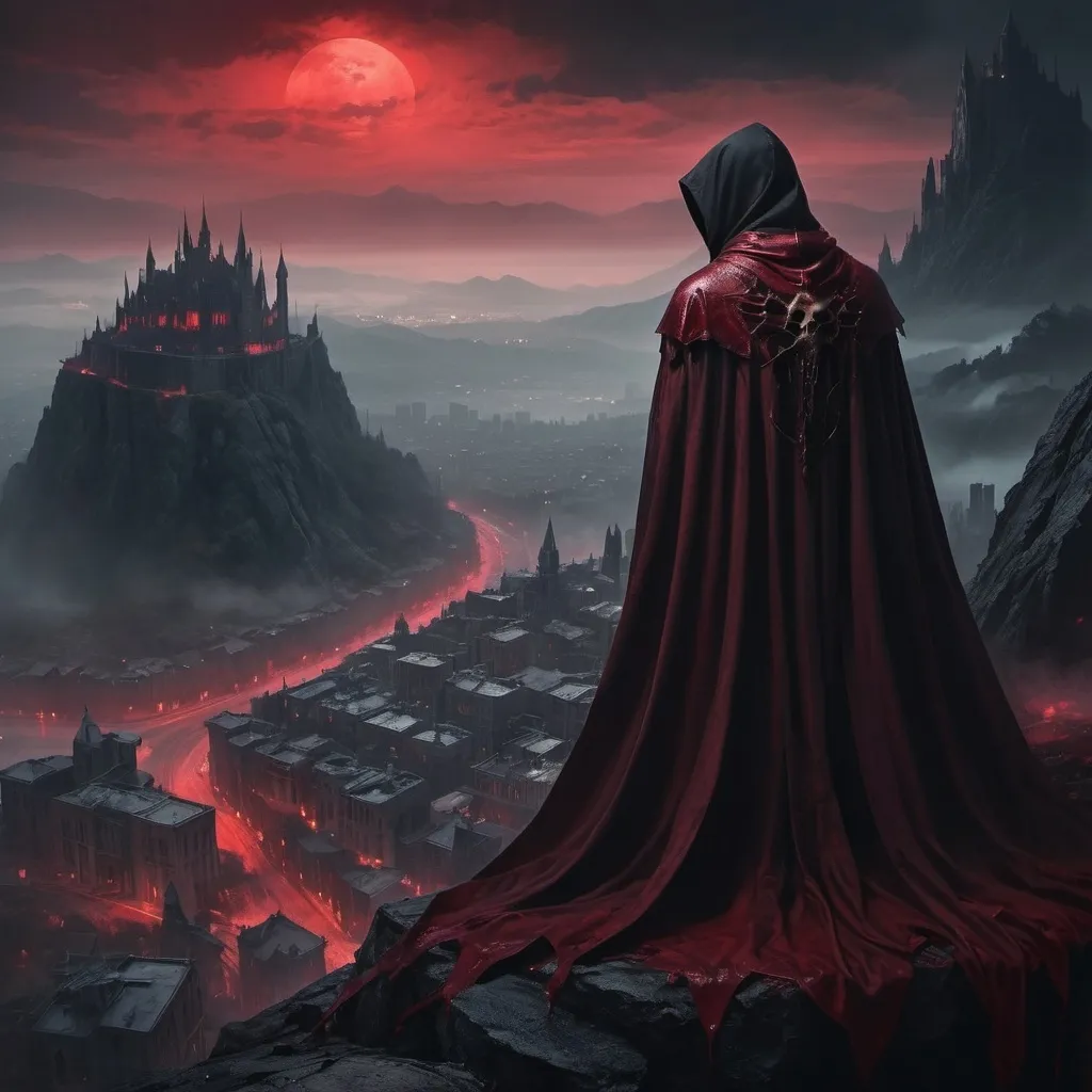 Prompt: (fantasy-gothic style), Death on a mountain peak, observing a distant city bathed in a hazy mist, (ominous lighting), dark, brooding color scheme, sharp contrasts with crimson red shadowy shades accentuating Death and his bloodstained cape, serene and peaceful ambiance of the city below, ethereal vibes, rich texture, high detail, ultra-detailed.