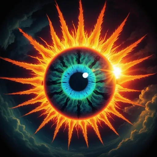 Prompt: Detailed, realistic, radioactive sun with fish eye effect, ominous, frightening, psychedelic art style, vibrant and intense colors, surreal atmosphere, high quality, detailed sun, eerie lighting, creepy, surreal, psychedelic, fish eye effect, radioactive, frightening, realistic, intense colors, ominous atmosphere