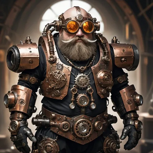 Prompt: Dwarf in advanced steampunk exoskeleton-mech dnd armor with shiny onyx gems embodied in various places, dnd character, steampunk setting, dramatic lighting, black and copper color pallette, hi-tech gadgets, exoskeleton like armor with runes engraved in an unknown dragon language, shaded welding goggles, bald, face dirty from oil and dust, long, luscious beard