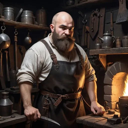 Prompt: Classic dnd young bald dwarf wearing blacksmiths apron idling in his workshop, dark beard, late hour, climatic lighting