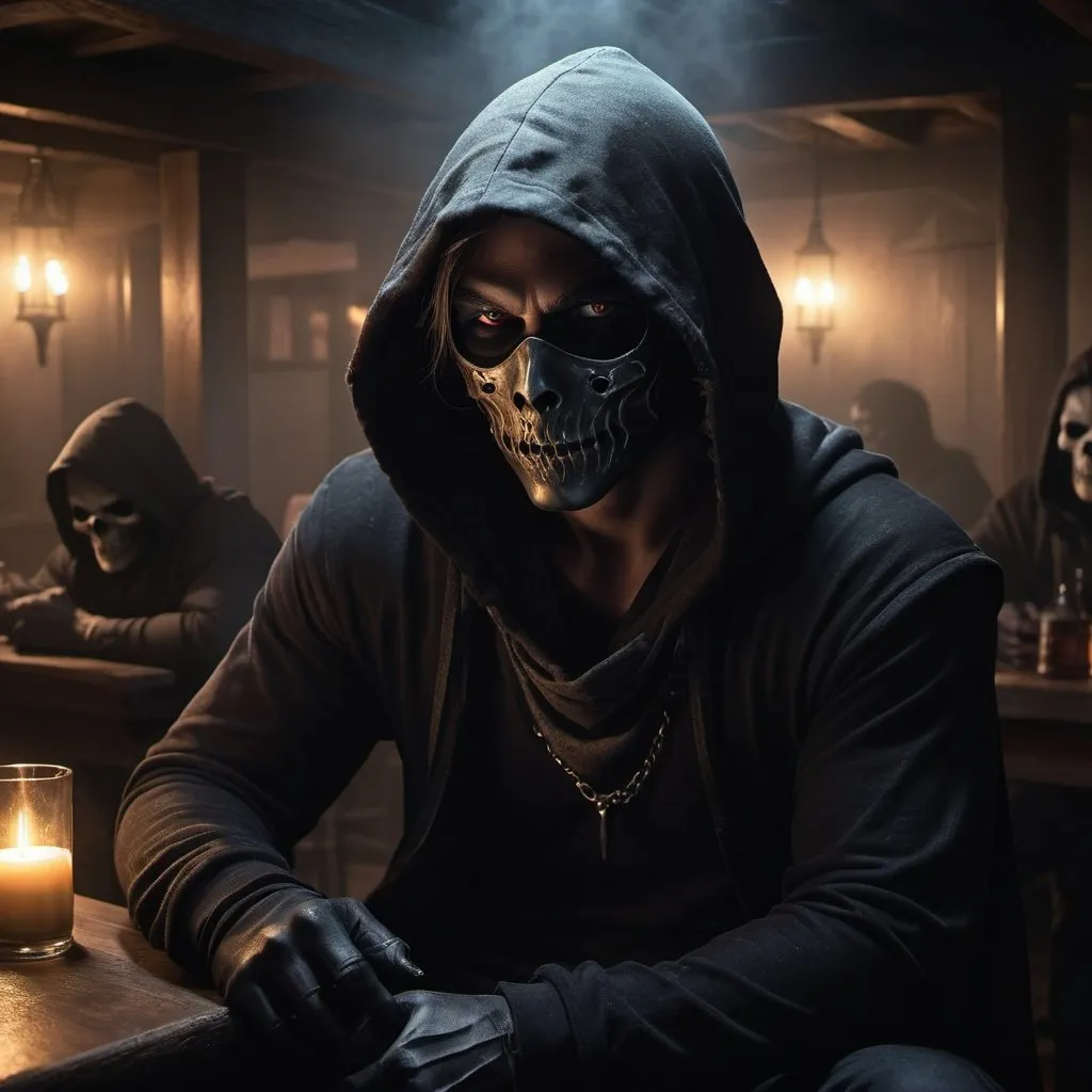 Prompt: edge lord, undead hunter, handsome, human male equipped with a black hoodie and a black face mask, engulfed in shadowy mist, sitting ominously in the corner of a bustling tavern, dramatic spotlight lighting