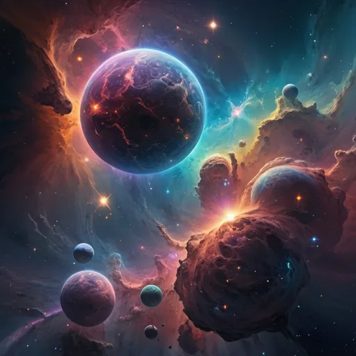 Prompt: Realistic megalomaniac space art, psychedelic, futuristic, sci-fi, dual meaning, high-quality, detailed stars and galaxies, vibrant color palette, surreal celestial objects, cosmic landscapes, astronomical details, mesmerizing visuals, intricate nebulas, majestic planets, striking cosmic compositions, stunning cosmic lighting, professional, breathtaking scenery