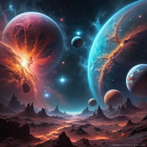 Prompt: Realistic megalomaniac space art, psychedelic, futuristic, sci-fi, dual meaning, high-quality, detailed stars and galaxies, vibrant color palette, surreal celestial objects, cosmic landscapes, astronomical details, mesmerizing visuals, intricate nebulas, majestic planets, striking cosmic compositions, stunning cosmic lighting, professional, breathtaking scenery
