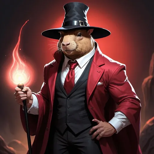 Prompt: Muscle daddy capybara Wizard in a Black suit, commically large floppy wizard hat, detailed crimson suit add-ons, sharp eyes, serious expression, gigachad jawline, DnD character, detailed, highres, crimson and black palette, fantasy, muscular, wizard, intense look, fantasy art, atmospheric lighting