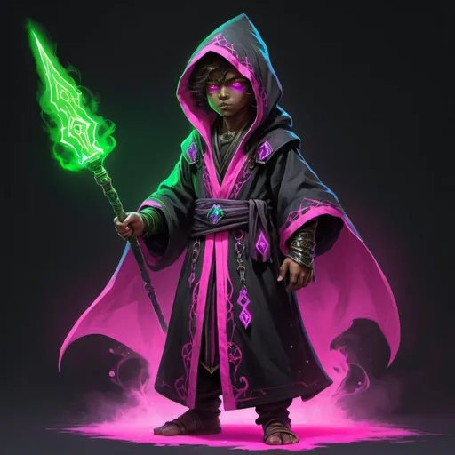 Prompt: Child kalashtar wizard dnd character. Equipped with really oversized robes 
 in black with neon green axcents and a dagger in hand. Cold mist puring down from the entirety of his body. Neon pink eyes