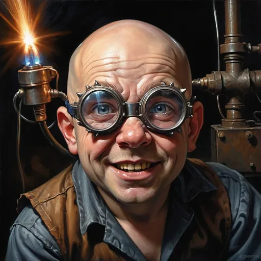 Prompt: Young bald dwarf madman smith in welding goggles portrait, mad scientist grin, climatic lighting, shaded welding goggles, high contrast, detailed facial expression, intense gaze, oil painting, dark and moody, atmospheric lighting, dramatic shadows