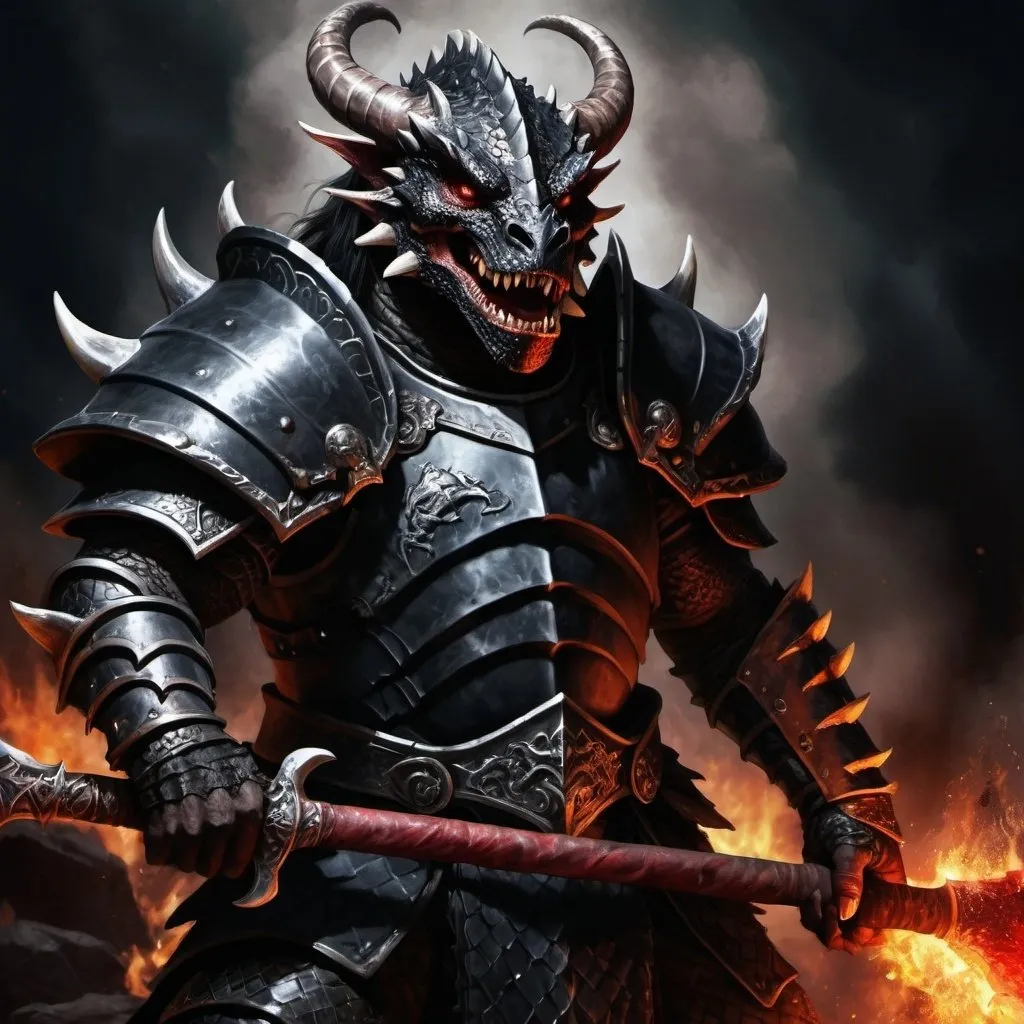 Prompt: Black dragonborn warrior wielding a bloodied greataxe, high contrast, detailed scales, intense fire-breathing expression, fantasy, dark tones, dramatic lighting, high quality, digital painting, detailed anatomy, fierce expression, intense eyes, epic fantasy, detailed armor, professional illustration