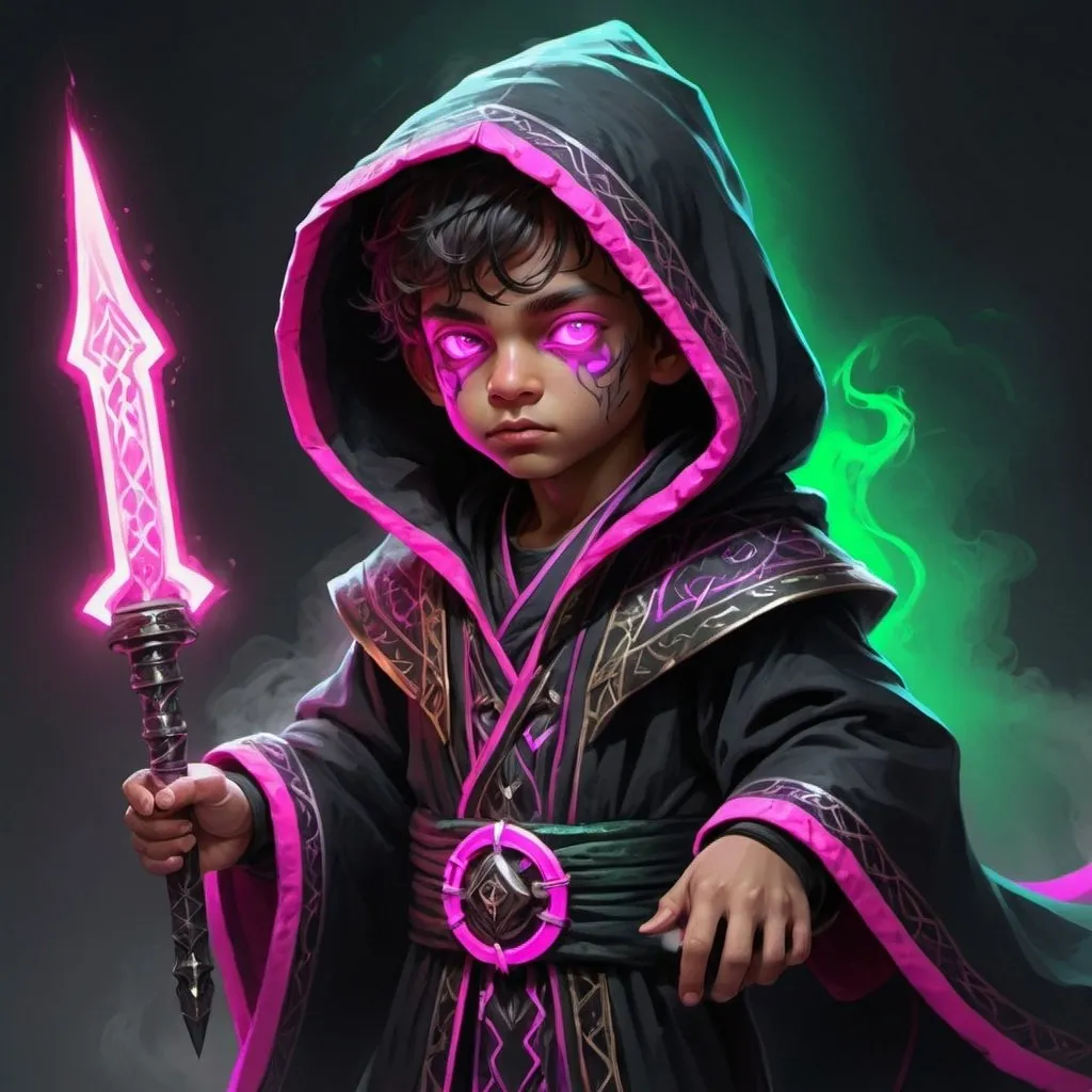 Prompt: Child kalashtar wizard dnd character. Equipped with really oversized robes 
 in black with neon green axcents and a dagger in hand. Cold mist puring down from the entirety of his body. Neon pink eyes