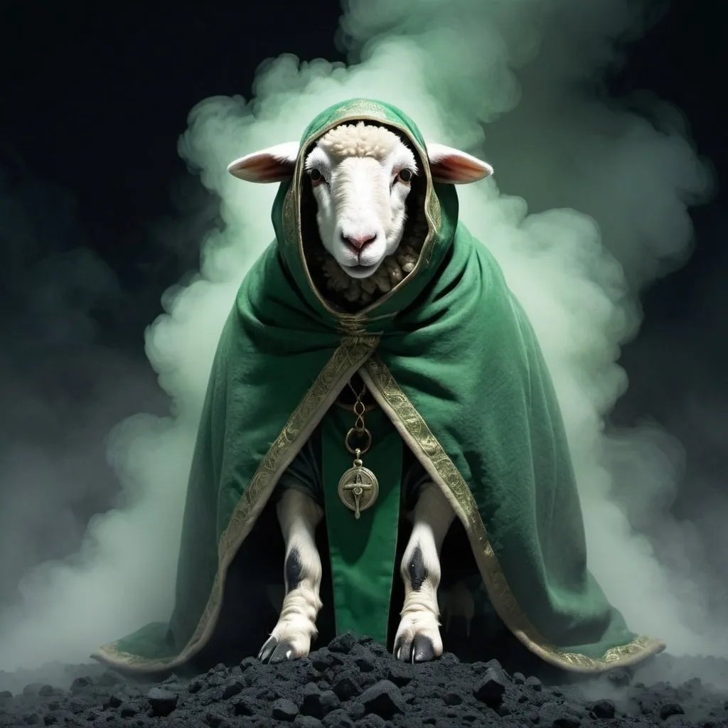 Prompt: single sheep on all fours, with greenish priest robes standing in a pile of ashes. Dnd character, spotlight, engulfed by a ominous black fog